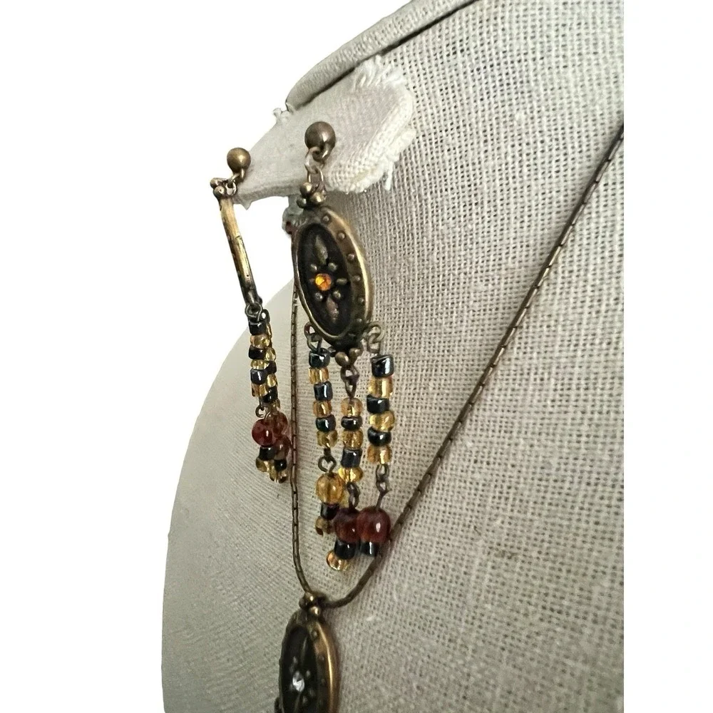 Boho Beaded Tassel Antique Gold Medallion Necklace Black Amber Earrings Set